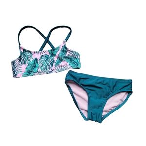 Girl Teal Palm Print Crisscross Swim Top Straps 2pc Bikini Set art class Size XS